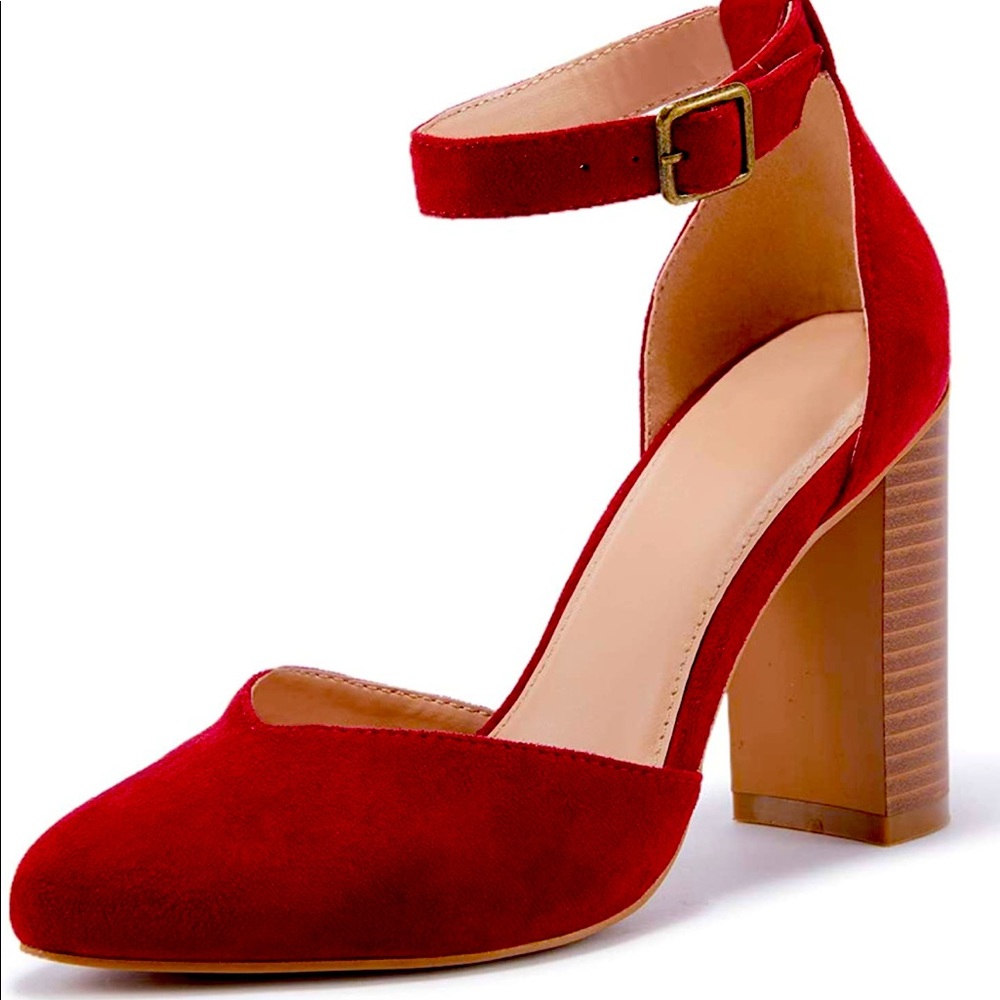 VETASTE Chunky Heel Pointed Toe Pumps Ankle Strap Closed Toe Block Shoes 7.5